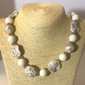 Vintage Japan ceremic necklace beads white pink paisley design cottage c…